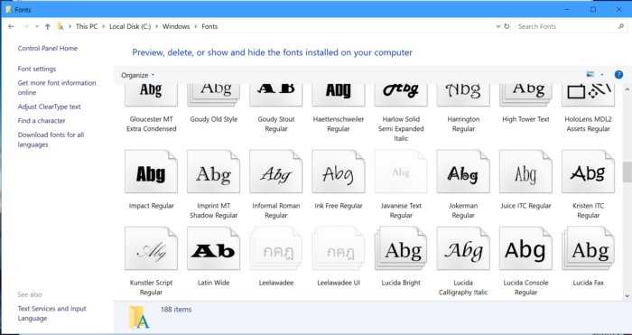 Windows 10 font list