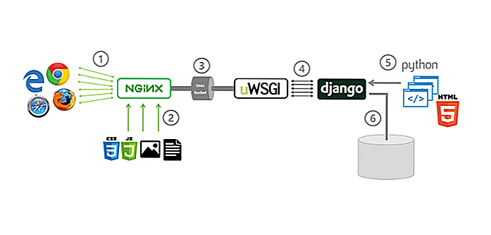 Для связки NGINX и Python-скриптов будем использовать протокол WSGI, котором хорошо написано тут Передачей данных в данном случае будет заниматься сервер uWSGI, домашняя страница проекта тут Те, в нашей схеме на входе будет принимать соединения NGINX, пер
